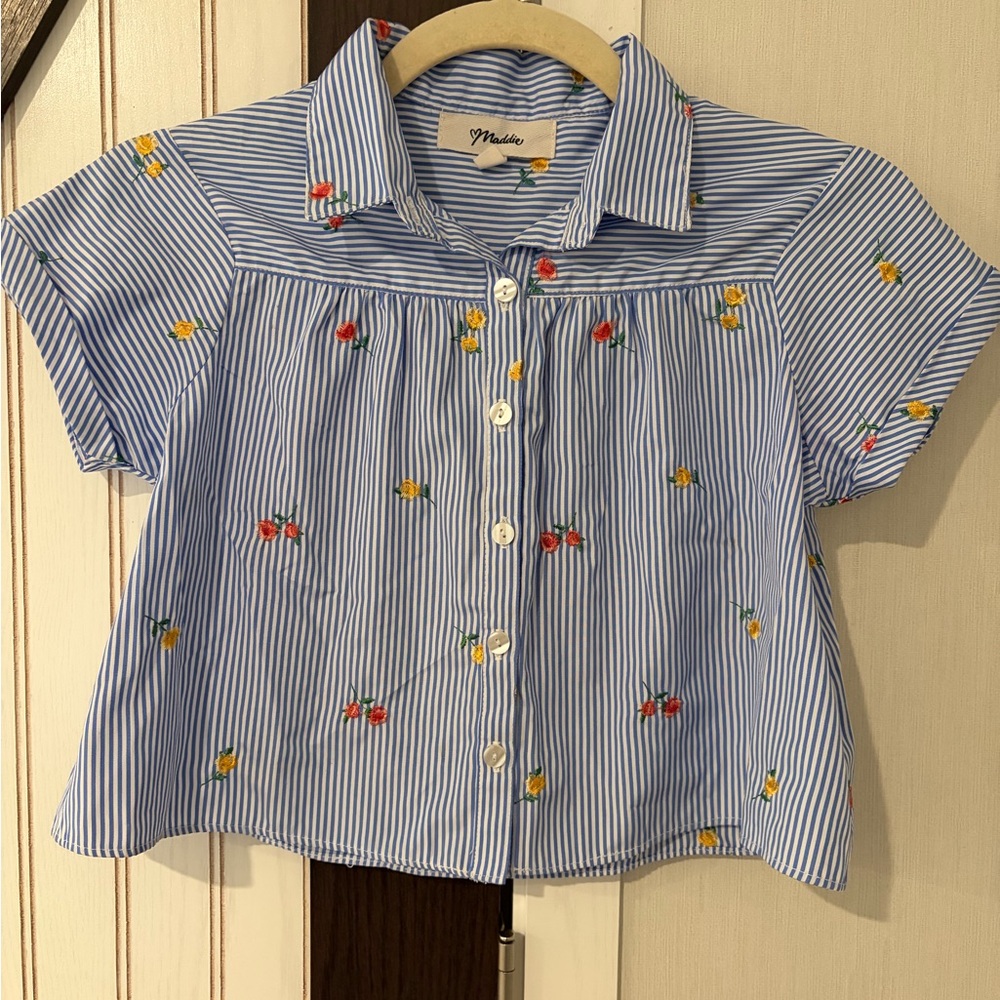 Blue Striped Kids Shirt with Floral Embroidery Maddie Med Girls